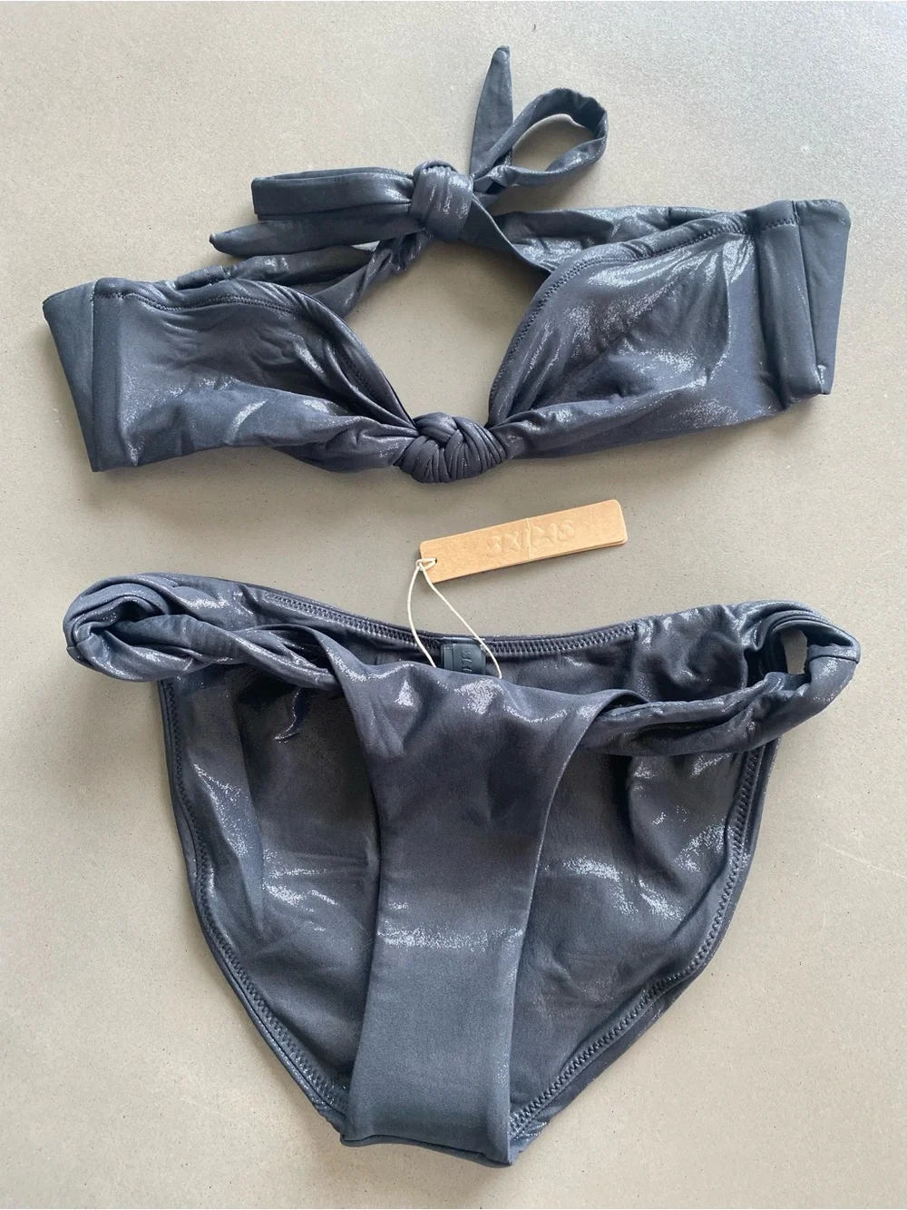 SKIMS Liquid Shine Black Strapless Knot Bandeau Bikini Set—S & XS